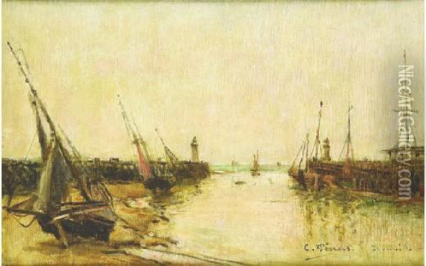 La Sortie Du Port De Trouville, Circa 1890 Oil Painting - Charles Francois Pecrus