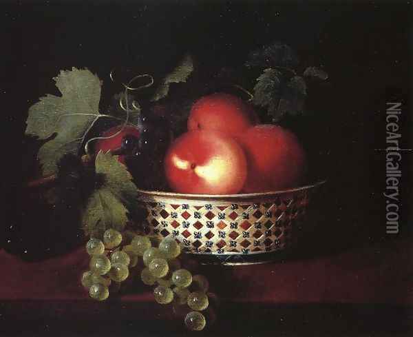 Peaches and Grapes in a Porcelain Bowl Oil Painting - Sarah Miriam Peale