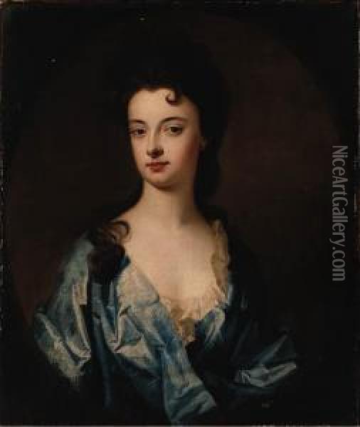 Portrait Of A Lady, Said To Be 
The Countess Of Dorchester, Halflength, Wearing A Blue Dress, In A 
Painted Oval Oil Painting - William Aikman