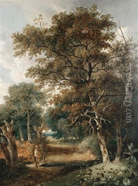 Figure On A Bridge Over A Woodland Stream Oil Painting - Robert Ladbrooke