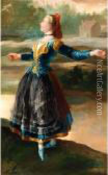 Study Of A Maja, Full Length, Dancing In A Landscape Oil Painting - Francisco De Goya y Lucientes