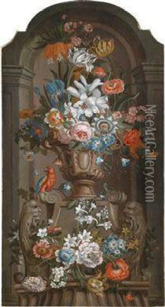 A Magnificent Still Life And A Vase Of Flowers And A Parrot In A Niche Oil Painting - Pieter Hardime
