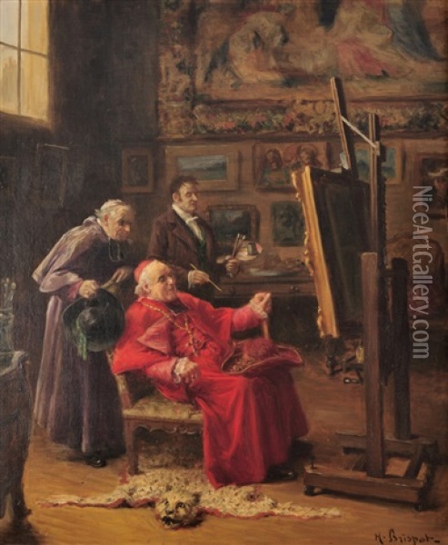 Dans L'atelier, L'eveque Admirant Son Portrait Oil Painting - Henri Brispot