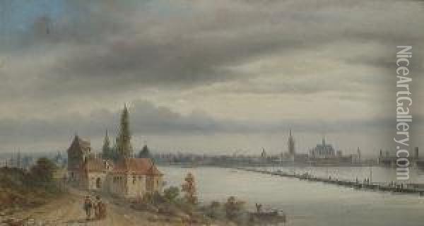 A Dutch Town On A River Oil Painting - Felice A. Rezia