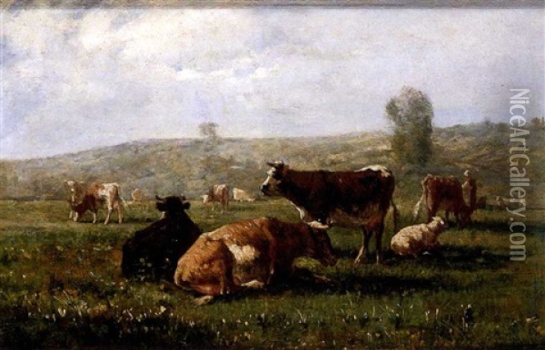 Paisaje Con Vacas Oil Painting - Andres Cortes y Aguilar