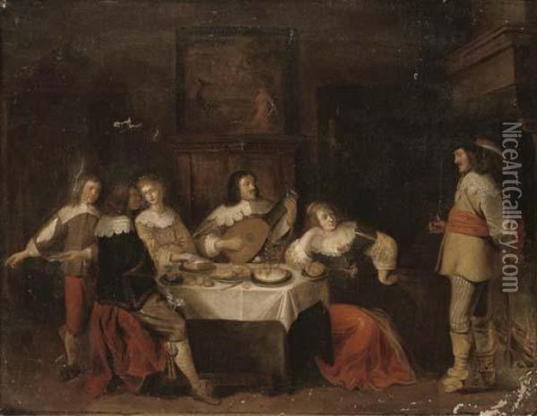 Elegant Company Eating And Merrymaking In An Interior Oil Painting - Antonie Palamedesz
