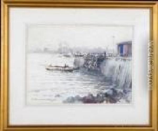 A Coble In North Shields Harbour Oil Painting - Victor Noble Rainbird