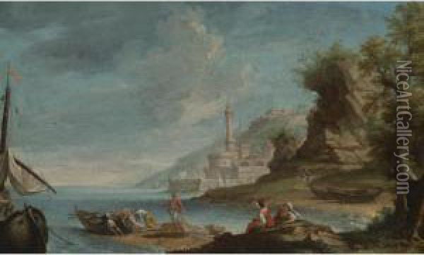 Harbor With Fishermen Putting Out Oil Painting - Adriaen Manglard