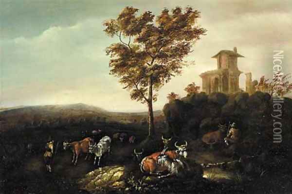 Cowherds by a classical ruin, in an Italianate landscape Oil Painting - Adriaen Van De Velde