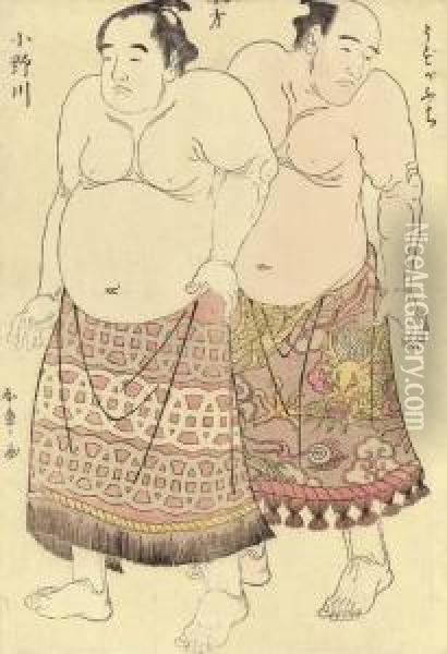 The Wrestlers Uzugafuchi And Onogawa Kisaburo Oil Painting - Katsukawa Shunsho