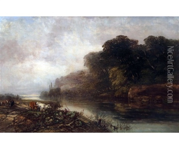 River Landscape With Herder, Sheep And Cattle At Ferry Crossing Oil Painting - Arthur James Stark