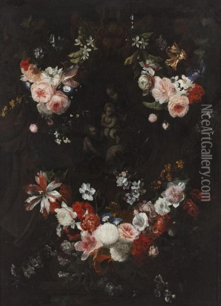 Madonna Con Bambino E San Giovannino Entro Ghirlanda Di Fiori Oil Painting - Hieronymus Galle I