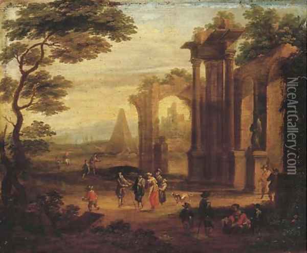 An Italianate landscape with figures strolling and resting by a ruin Oil Painting - Franz Ferg