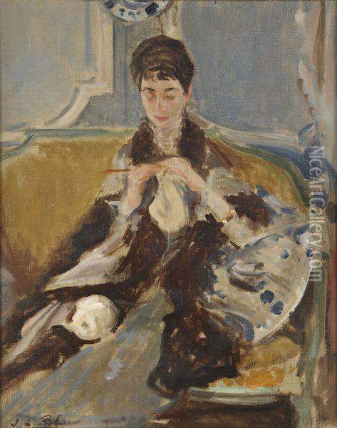 Portrait De Madame Langweil A Son Tricot Oil Painting - Jacques-Emile Blanche