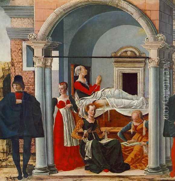 The Convalescence of St Theodora Suarez (detail) 1472-73 Oil Painting - Ercole de' Roberti