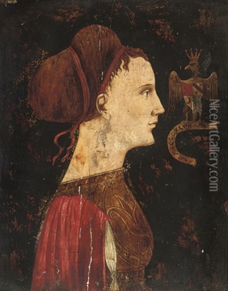Portrait Of A Lady, With A Red Ribbon In Her Hair Oil Painting - Antonio di Puccio Pisano Pisanello