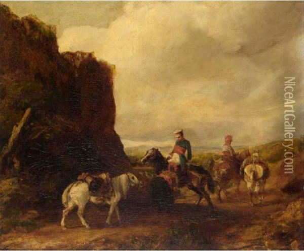 Horsemen In A Landscape Oil Painting - Eugene Fromentin