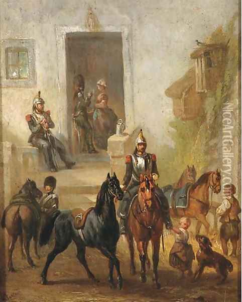 Cavalrists halting at a tavern Oil Painting - French School