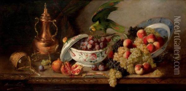 Nature Morte Aux Fruits Et Au Perroquet Sur Un Entablement Oil Painting - Alphonse de Neuville