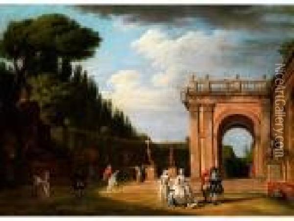 Palastterrasse In Barockem Garten Mit Steinfiguren Und Figurenstaffage Oil Painting - Jean-Baptiste Lallemand