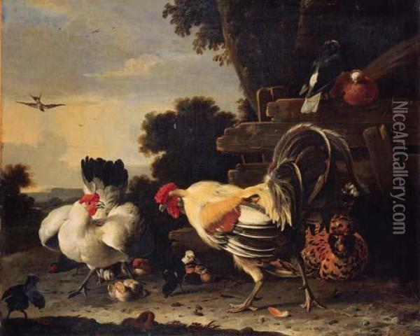 A Hen Protecting Her Chickens 
Against A Cockerell, With Pigeons Perched On A Fence Nearby, On A Yard Oil Painting - Melchior de Hondecoeter