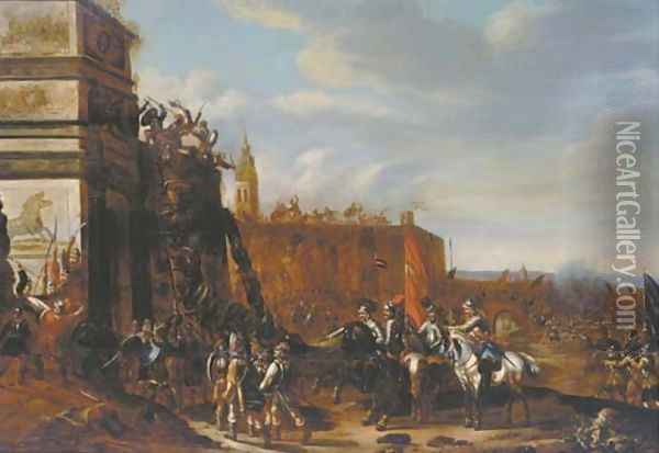 Soldiers holding siege at the gates of a fortified town, a battlefield beyond Oil Painting - Pieter Meulener