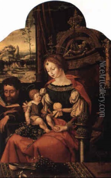 Madonna And Child Enthroned With Saint Joseph Reading Oil Painting - Pieter Coecke van Aelst the Elder