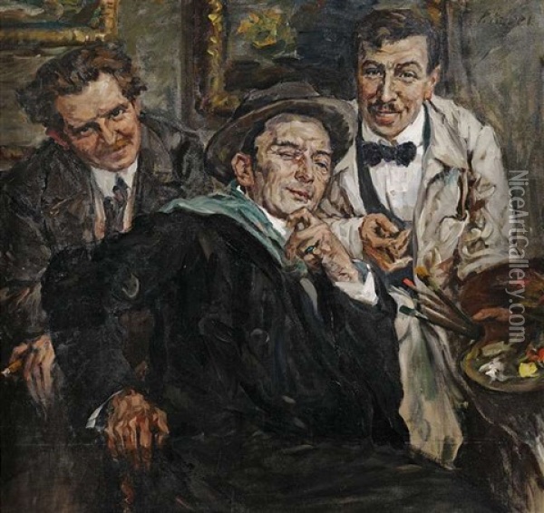 Die Drei Malerfreunde - Bildnis Eines Malers Mit Zwei Besuchern (self-portrait And Reinhold Nagele?) Oil Painting - Paul Kapell