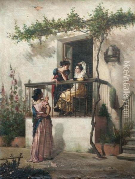 En El Balcon Oil Painting - Joaquin Damis Y Cortes