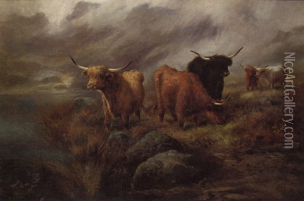 Highland Cattle By A Loch Oil Painting - John W. Morris