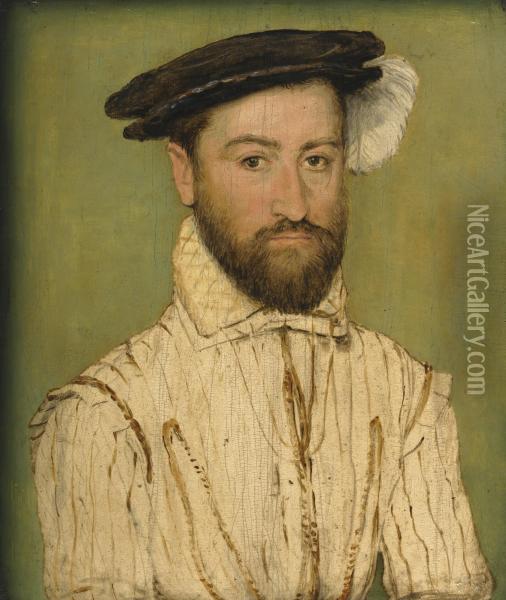 Portrait Of A Bearded Gentleman, In A Black Beret With Whiteplumage Oil Painting - Corneille De Lyon