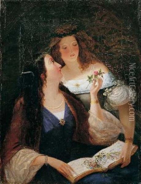 Zwei Junge Frauen, Eine Rose Betrachtend Oil Painting - Karl Pawlowitsch Brueloff