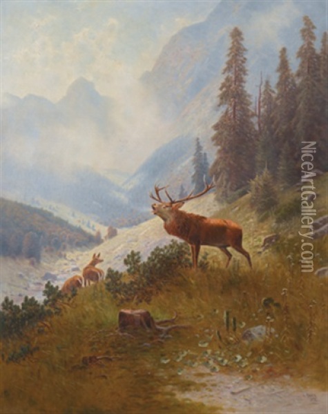Rohrender Hirsch Im Gebirge, Mchn Oil Painting - Ludwig Skell