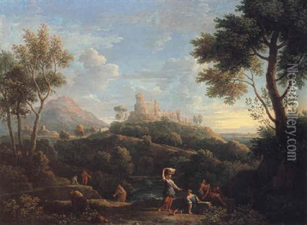 A Southern Landscape With Figures In The Foreground And A Hill-top Town Beyond Oil Painting - Jan Frans van Bloemen