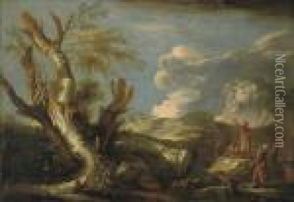 A Mountainous River Landscape With Classical Figures And Soldiers Discoursing Oil Painting - Salvator Rosa