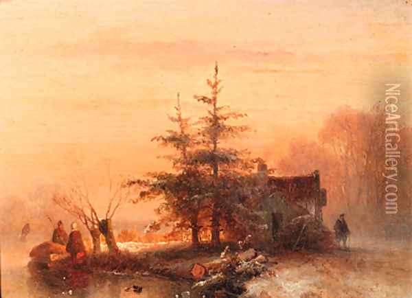 Winter sunset Oil Painting - Johannes Franciscus Hoppenbrouwers