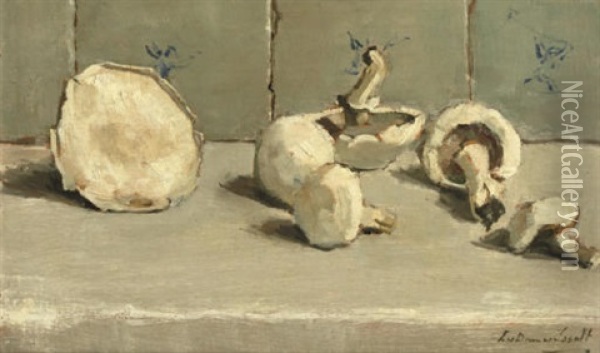 Stilleven Paddestoelen, Mushrooms On A Ledge Oil Painting - Lucie Van Dam Van Isselt
