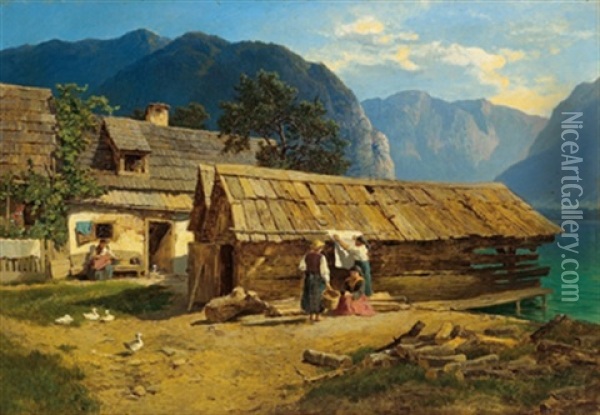 Sonniger Tag Am Hallstatter See Oil Painting - Leopold Munsch