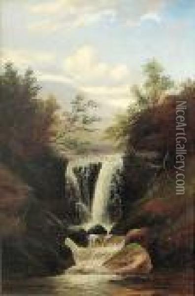 A View Of A Waterfall Oil Painting - William Mellor