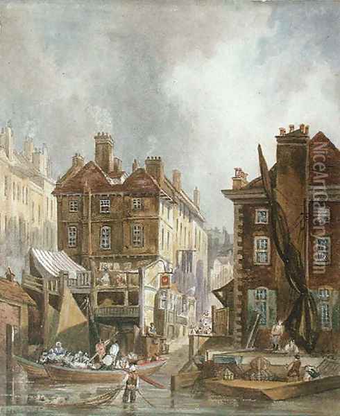 Old Hungerford Market from the river, London, c.1810 Oil Painting - George (Sydney) Shepherd