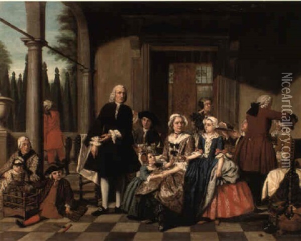 Portrait Of A Family Dining On A Portico, A Formal Garden Beyond Oil Painting - Jan Josef Horemans the Younger