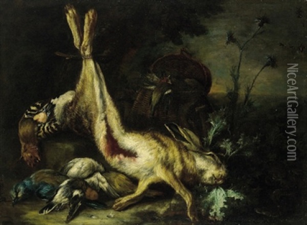 Natura Morta Con Lepri E Uccelli (+ Another, Similar; 2 Works) Oil Painting - Baldassare De Caro