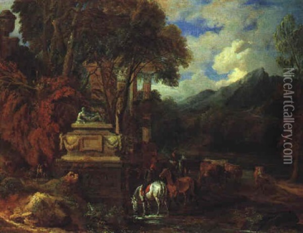 Ein Reiter Trankt Seine Pferde In Einer Landschaft, Vor Einem Antiken Monument Oil Painting - Cornelis Huysmans