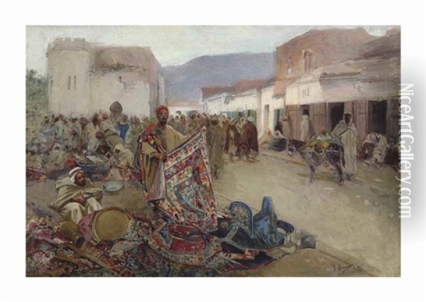 A Busy Market, North Africa Oil Painting - Gustavo Simoni