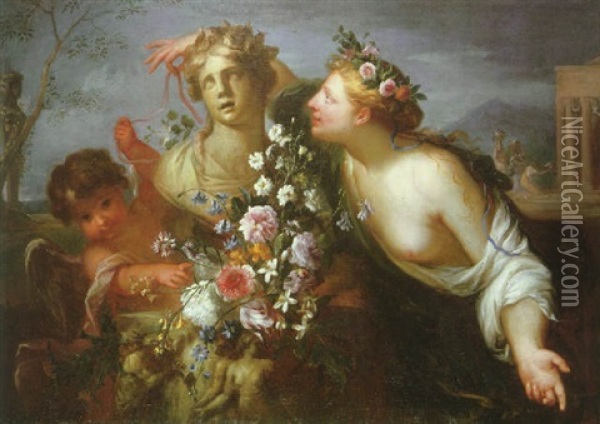 A Muse With A Putto Presenting Flowers To A Bust Of The Goddess Flora Oil Painting - Carlo Cignani