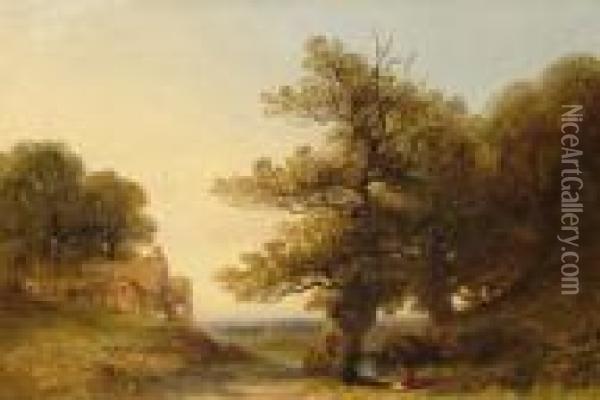 Figures Camped Beneath An Old Oak Tree With Acottage Oil Painting - James Poole