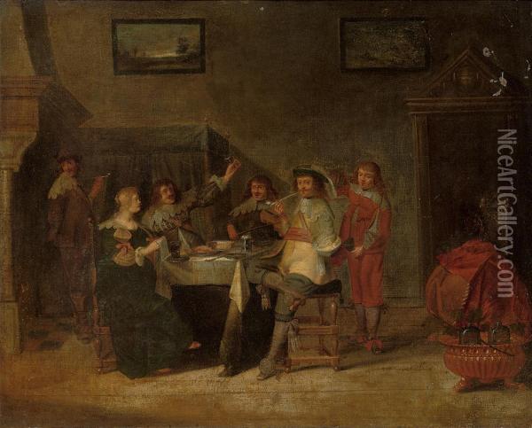 Elegant Company Making Merry In An Interior Oil Painting - Hieronymus Janssens