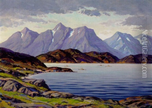 Kystparti Med Fire Kajakroere, Gronland Oil Painting - Emanuel A. Petersen