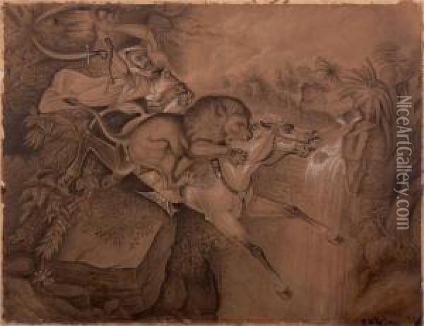 The Lion Attack Oil Painting - Raden Sjarief B. Saleh