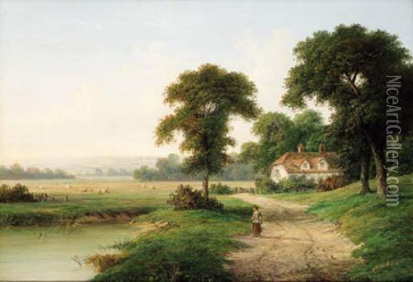 A Child Beside A Pond With A Cottage Beyond Oil Painting - Walter Williams